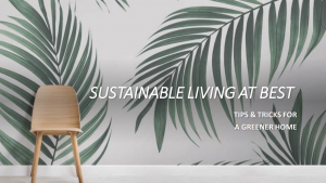 Wooden chair with palm-leaf mural and sustainability text